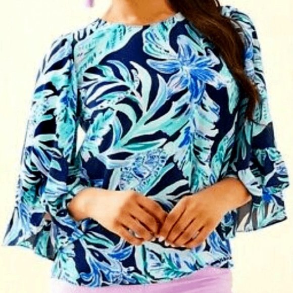 NWOT $118 XL LILLY PULITZER LILEEZE Francis Top High Tide Navy Ready Set Gecko - Picture 1 of 4